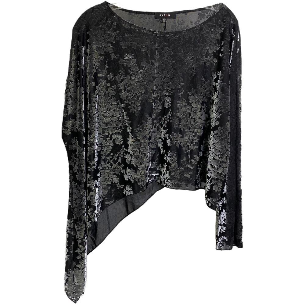Jason Women's Size M Asymmetrical Blouse Long Sleeve Gray‎ Velvet Goth Burnout